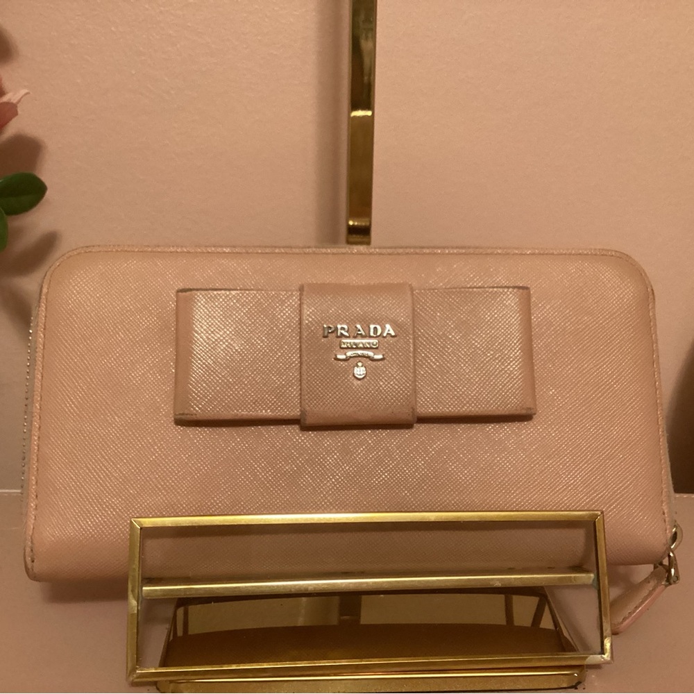 Prada Pink Preloved Saffiano Leather Wallet with Bow Accent